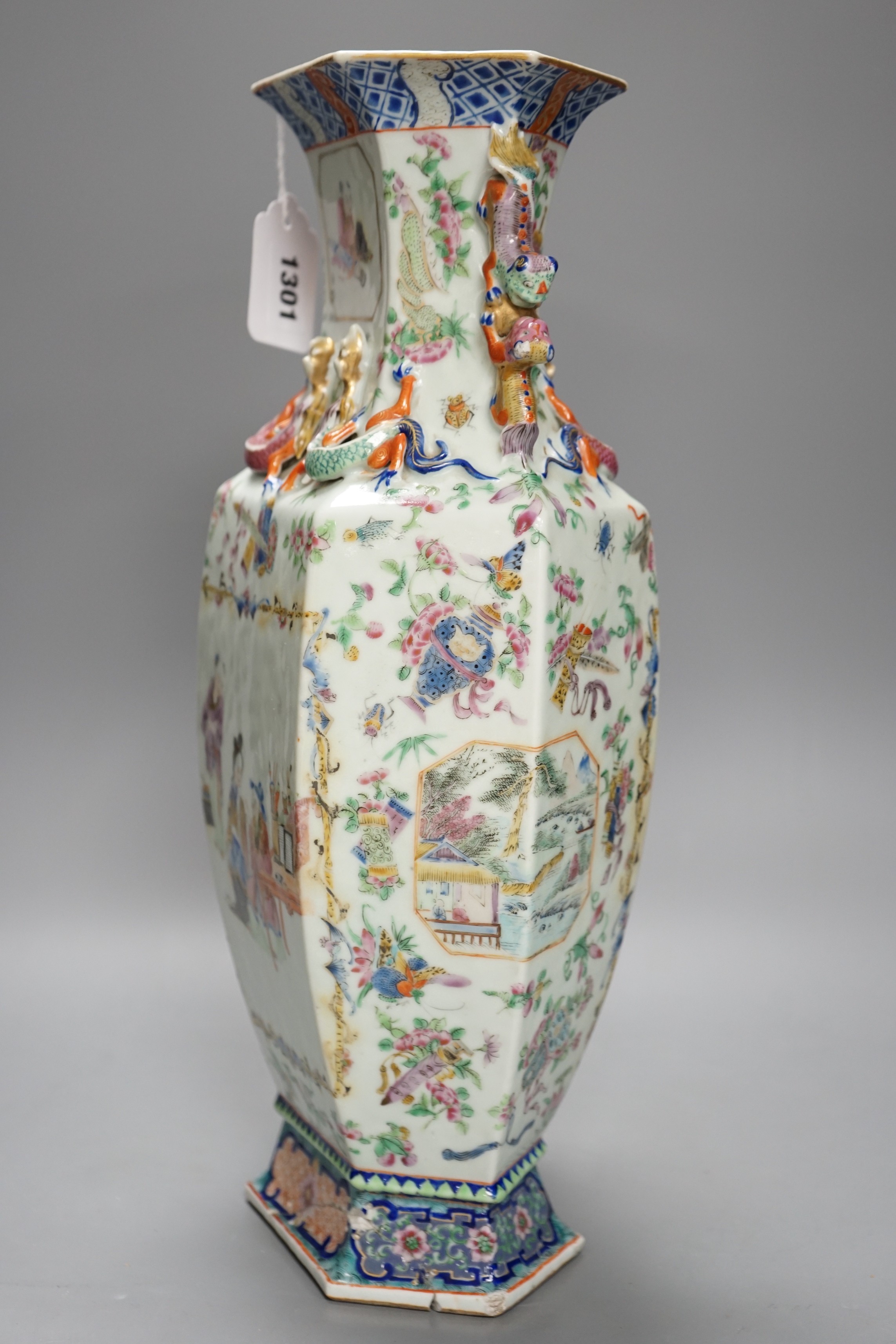 A 19th century Chinese famille rose hexagonal vase, 42cm